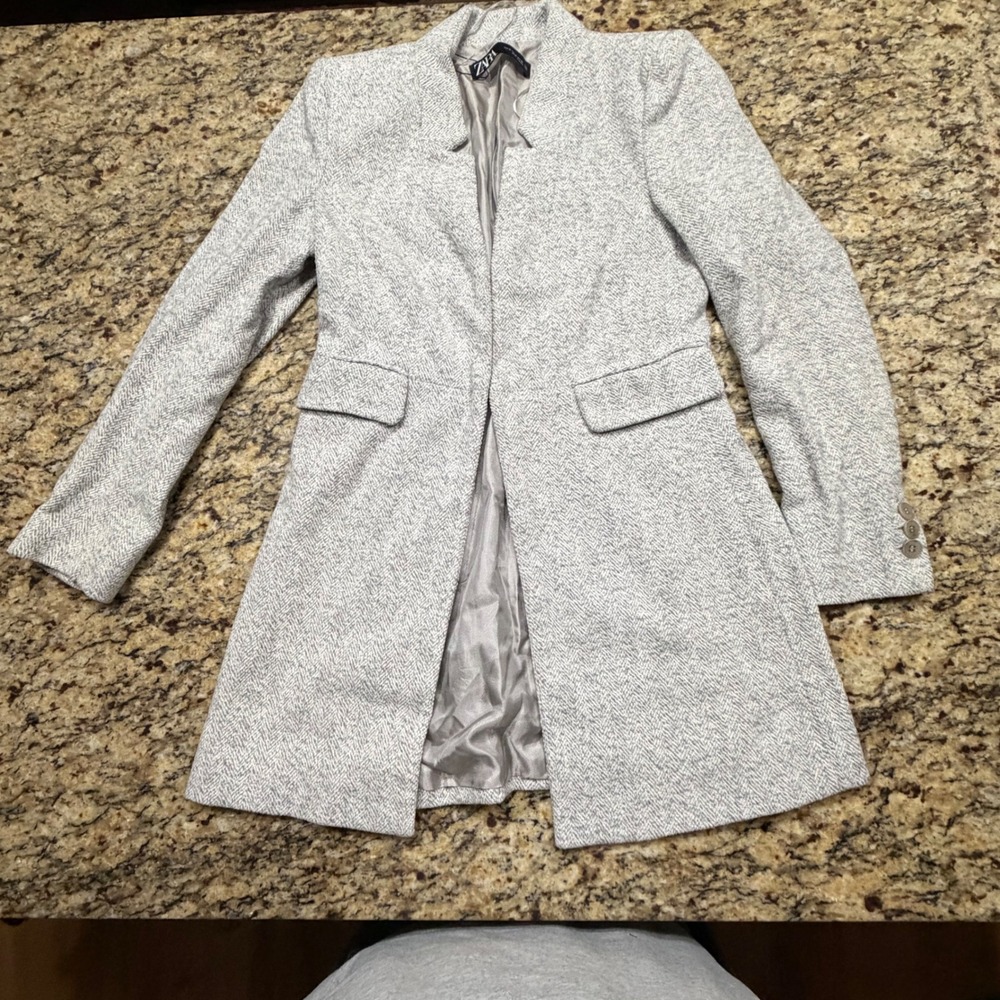 Zara Herringbone Knit Coat Grey White Textured Open Front Jacket Medium ws